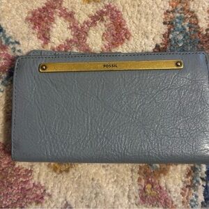 Fossil Pale Blue Leather Zip-Around Wallet with Gold Accent